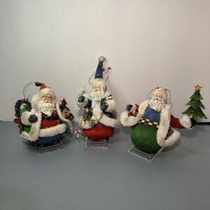 3 Vtg Fabric Mache Rolly Polly Santa Claus Ornaments -READ